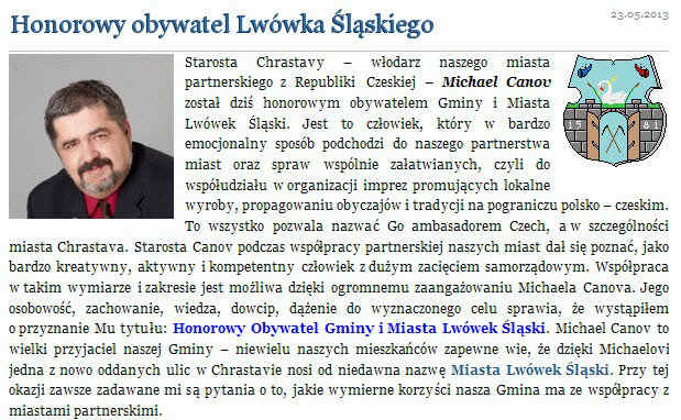Starosta Chrastavy – włodarz naszego miasta partnerskiego z Republiki  Czeskiej – Michael Canov został dziś honorowym obywatelem Gminy i Miasta Lwówek Śląski
